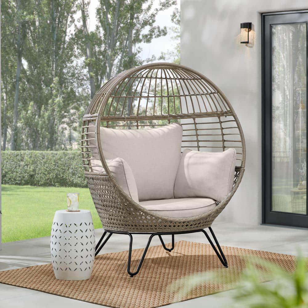 Hampton Bay Tan Stationary Wicker Round Outdoor Lounge Egg Chair with CushionGuard Almond Biscotti Cushions