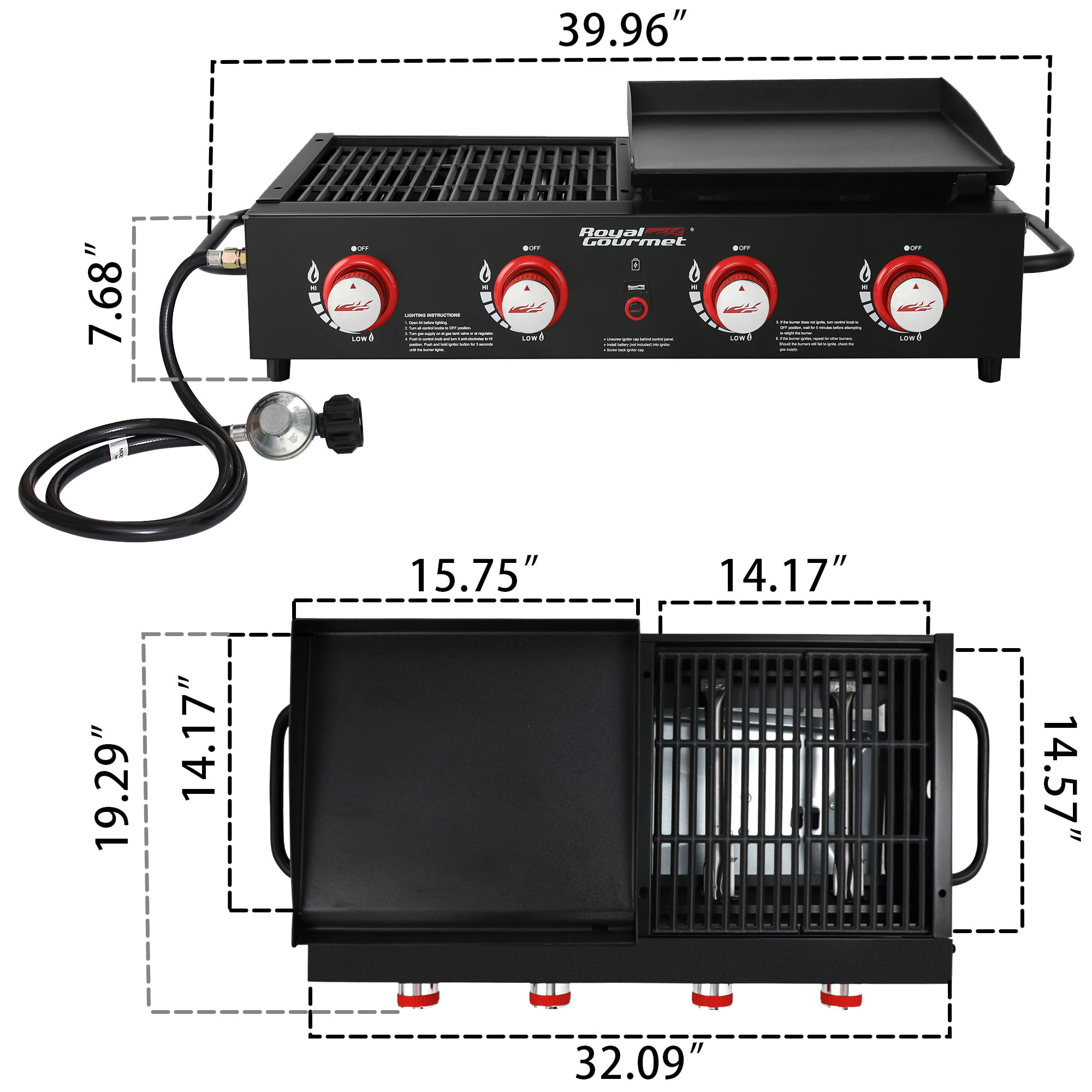 Royal Gourmet 4-Burner GD4002T Portable Gas Grill and Griddle Combo， 40000 BTU