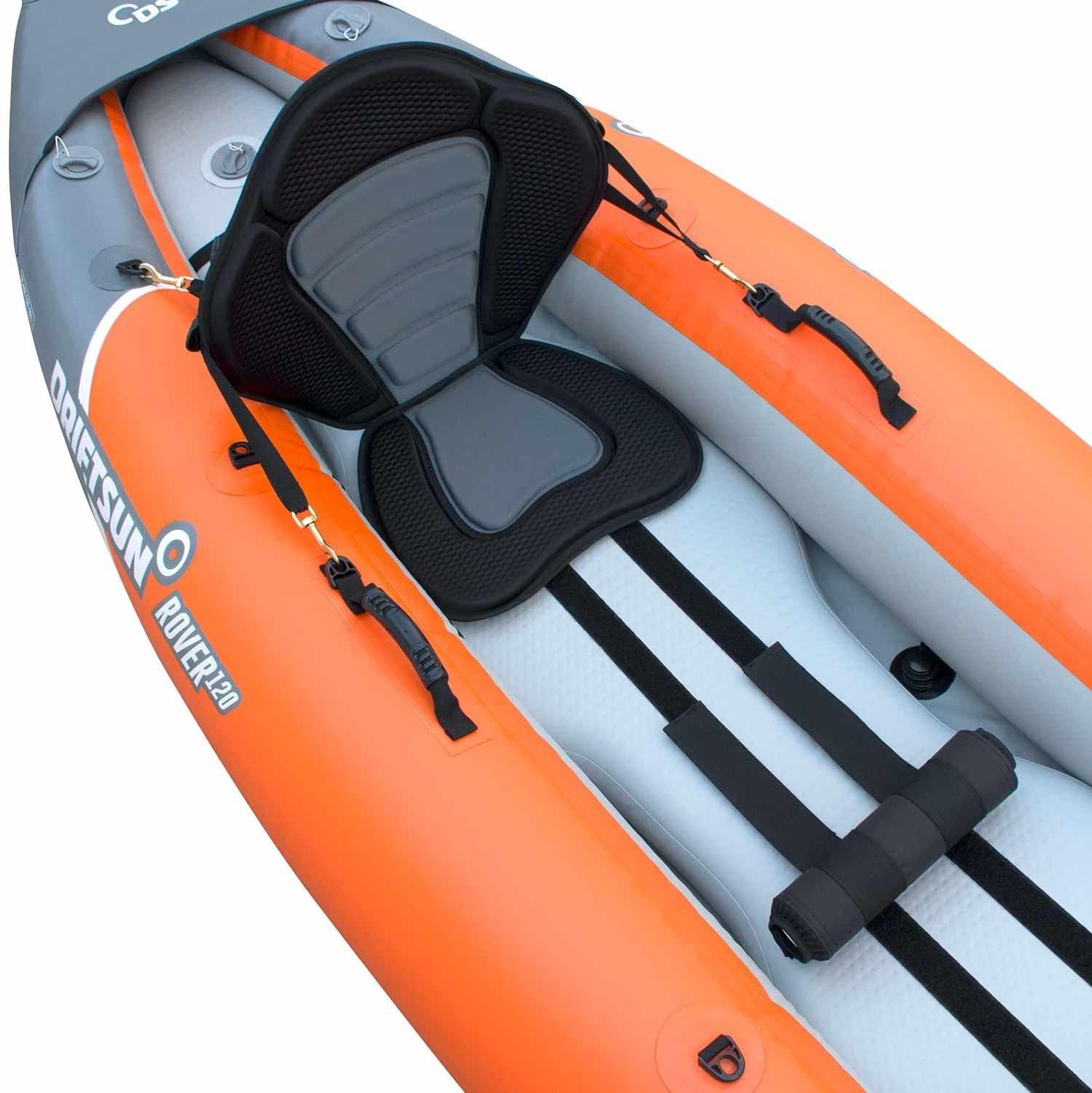 Driftsun Rover 120/220 Inflatable Tandem White-Water Kayak with High Pressure Floor and EVA Padded Seats with High Back Support, Includes Action Cam Mount, Aluminum Paddles, Pump and More