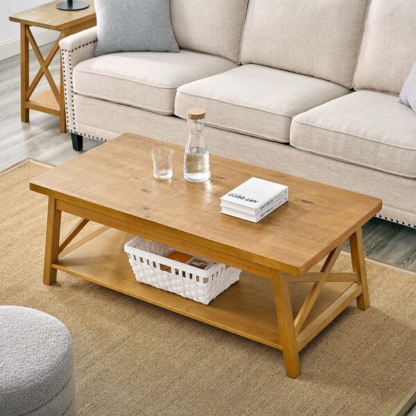 Modern Farmhouse Solid Wood Coffee Table with Storage Shelf， 47