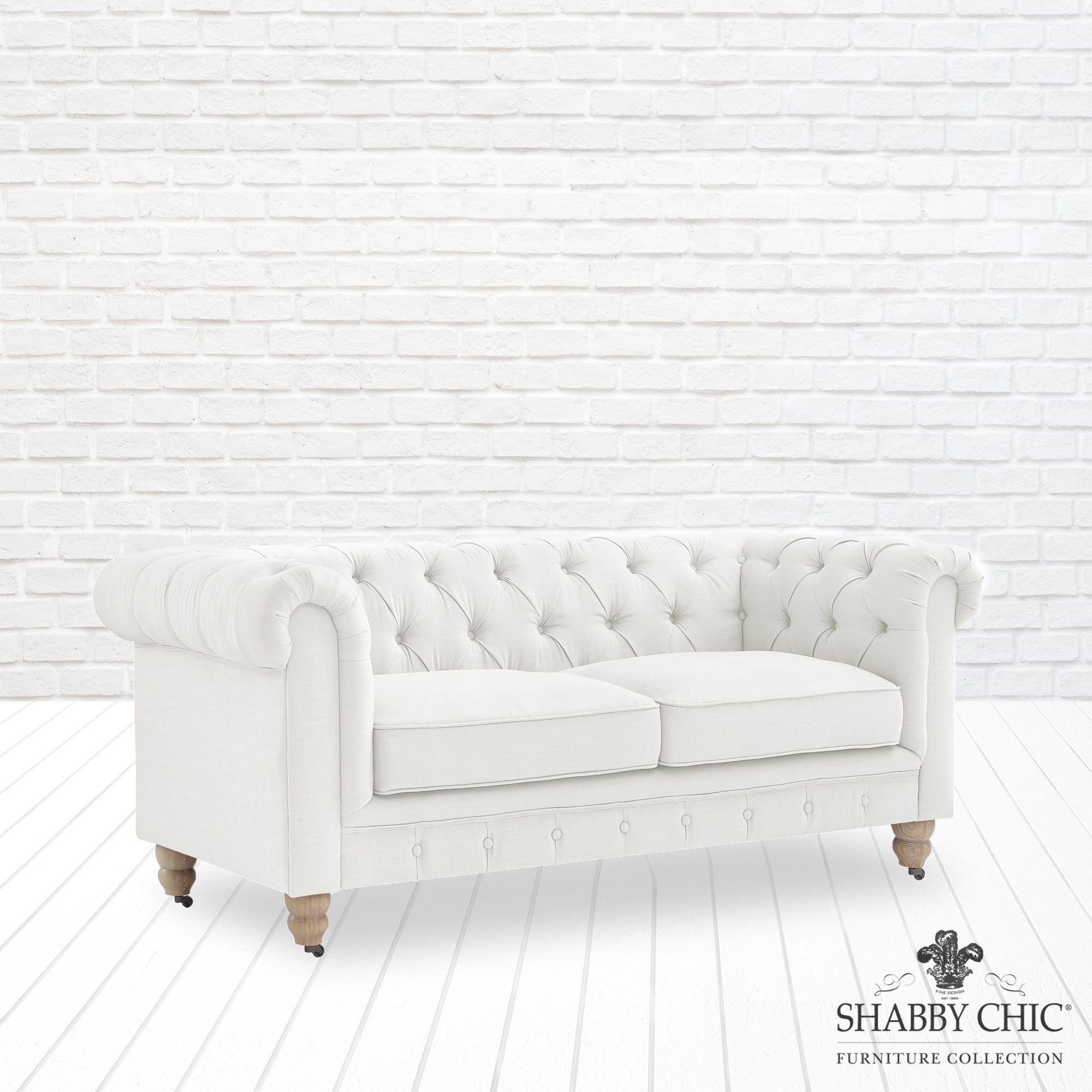 Shabby Chic Audriana Button Tufted Loveseat Linen Sofa With Casters, Cream White 71 x 33.5 x 30.4