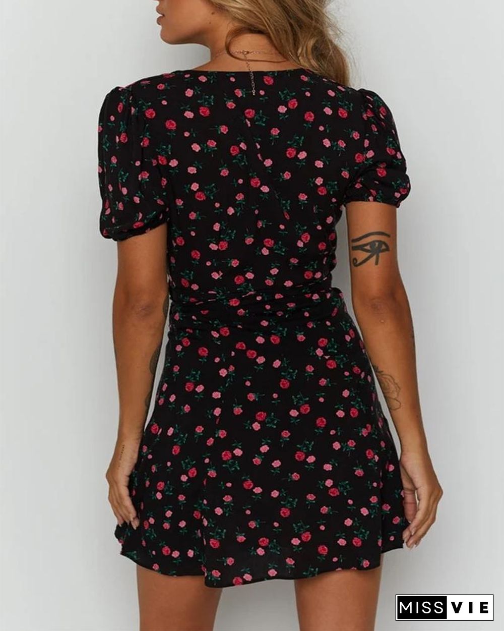 Floral Print Skinny Waist Short Sleeve Mini Dress P11926