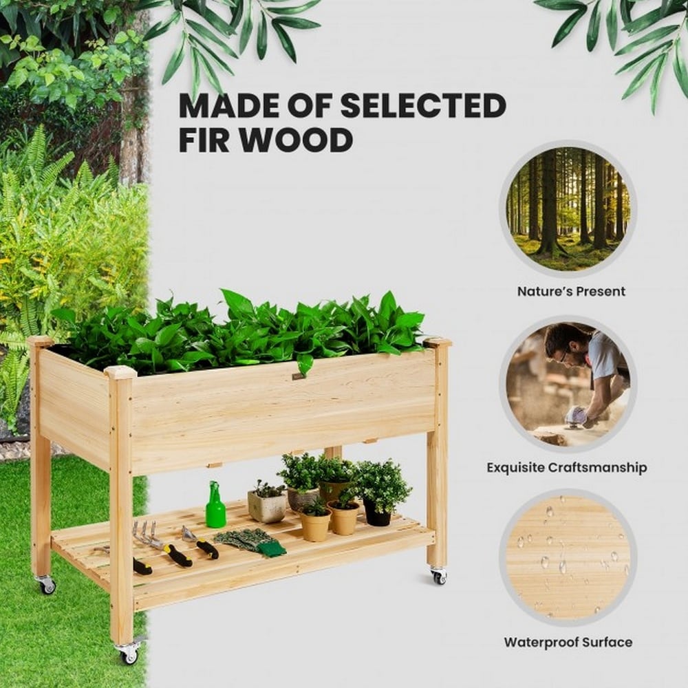 48 in x 32 in x 23 in Wooden Elevated Planter with Shelf and Wheel   48x32x23