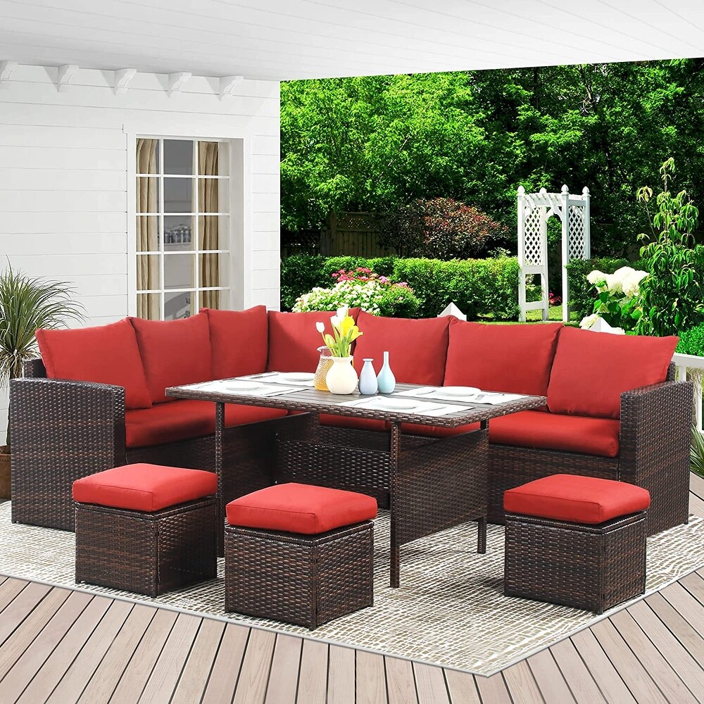 7 Pieces PE Rattan Wicker Patio Dining Sectional Cusions Sofa Set   30