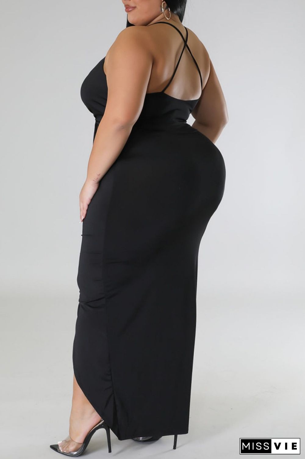 Black Sexy Solid Patchwork Backless V Neck Sling Dress Plus Size Dresses