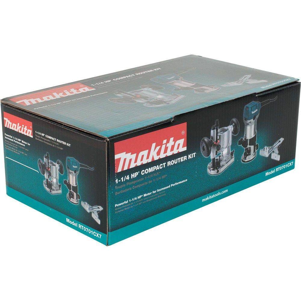 Makita 6.5 Amp 1-14 HP Corded Plunge Base Variable Speed Compact Router Kit With Collet Base Straight Guide (2) Wrenches RT0701CX7