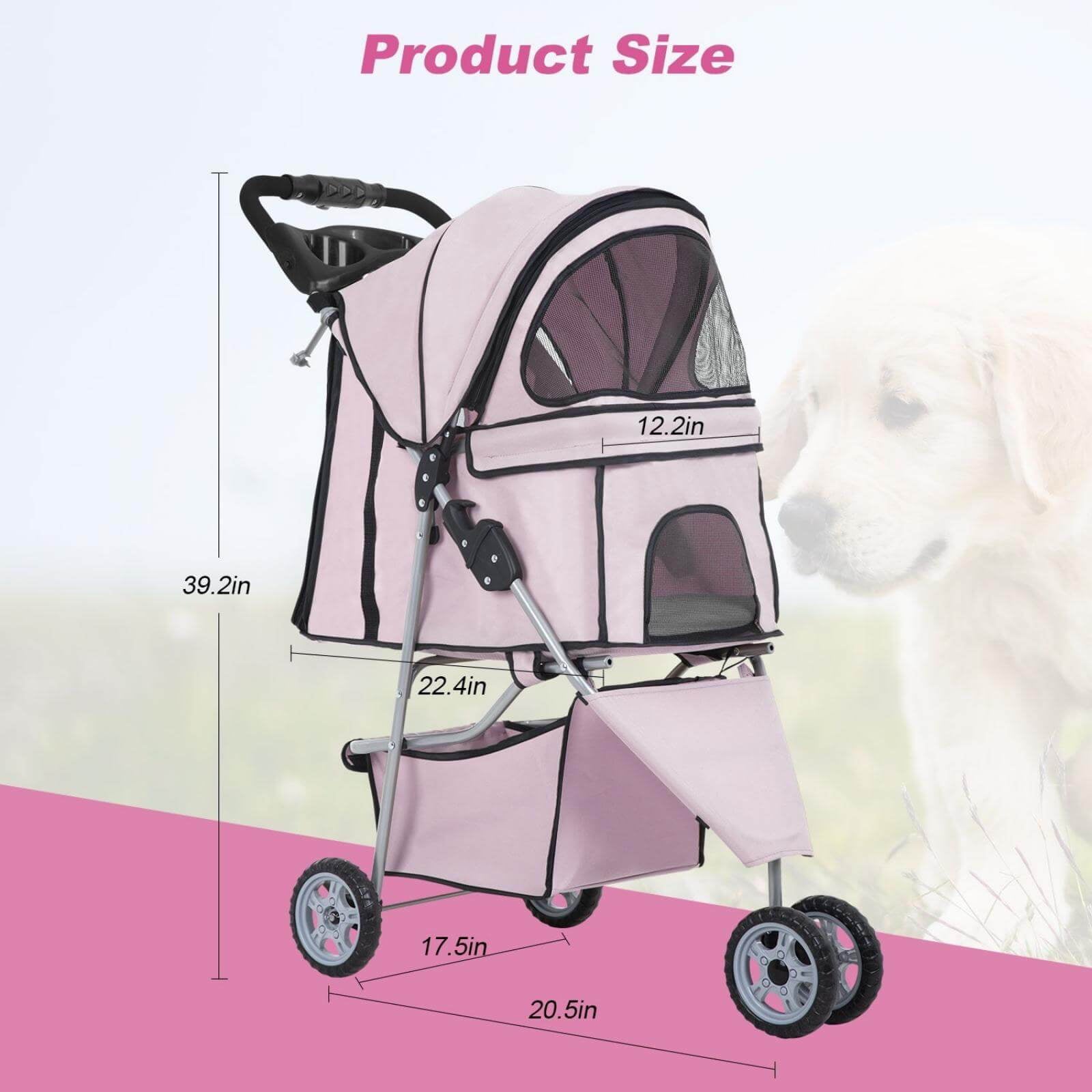 NiamVelo 3 Wheels Pet Stroller Foldable Dog Stroller with Cup HolderandStorage Basket Puppy Stroller for Small and Medium Pets，Light Pink