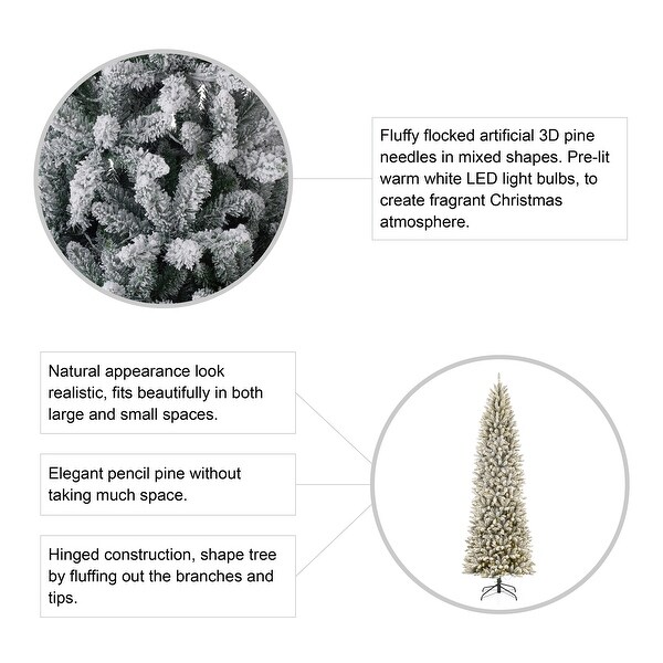 Glitzhome 9ft PreLit Flocked Pencil Fir Artificial Christmas Tree with 600 Warm White Lights