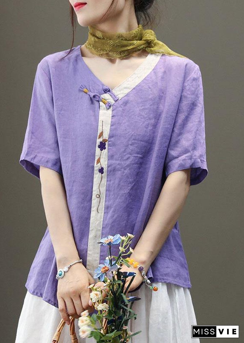 Casual Purple Embroideried Asymmetrical Design Patchwork Summer Linen Blouse Top Short Sleeve