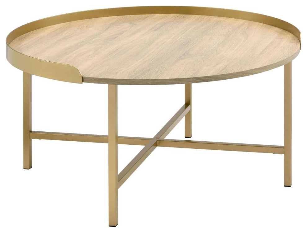 Contemporary Coffee Table  Crossed Metal Base With Round Wooden Top  Gold/Oak   Contemporary   Coffee Tables   by Decor Love  Houzz