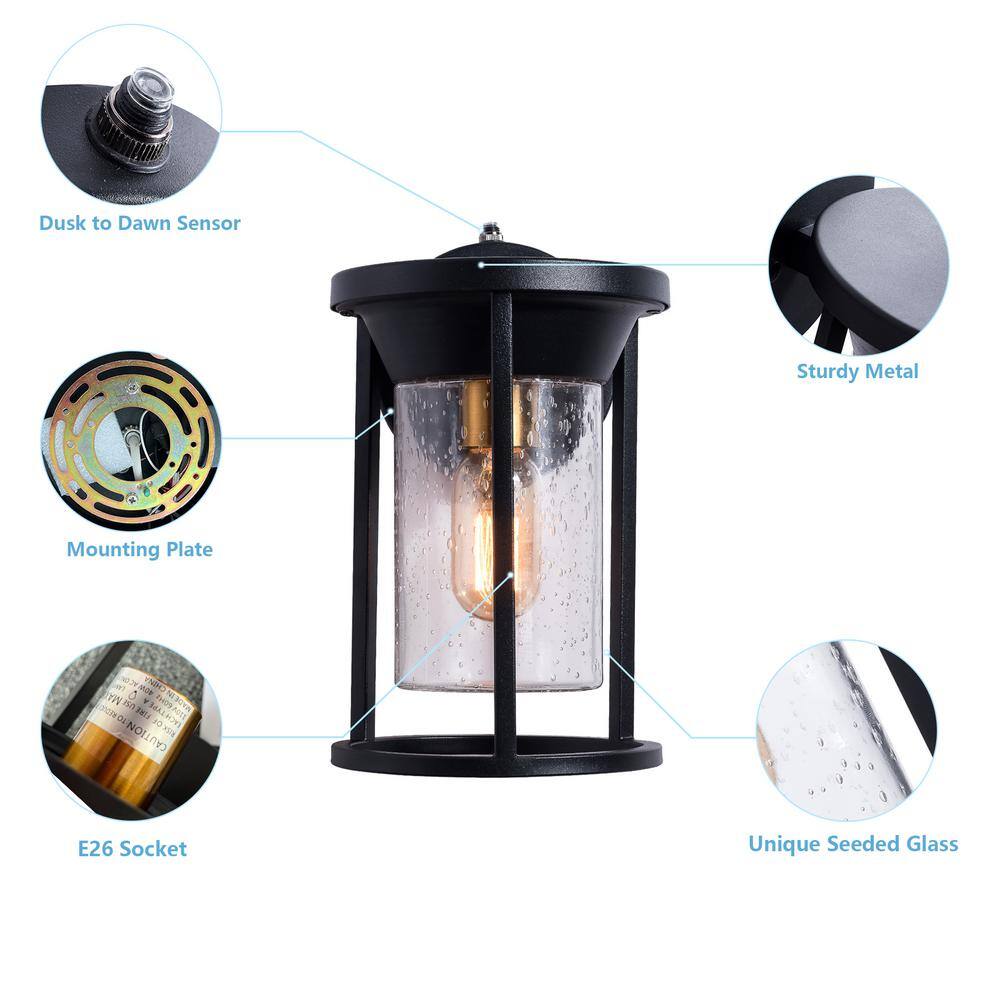 Maxax Hawaii 11.02 in. H Black Seeded Glass Hardwired Outdoor Wall Lantern Sconce with Dusk to Dawn (Set of 2) 25252W