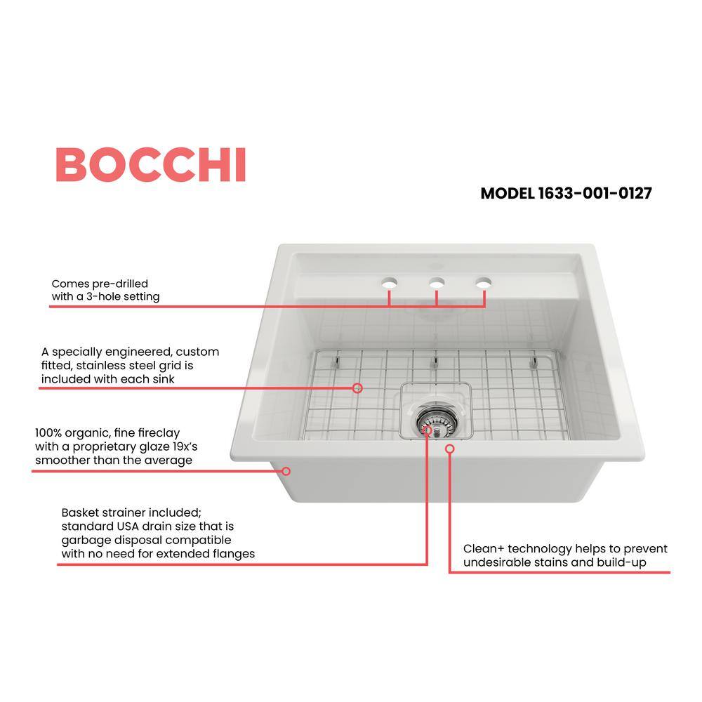 BOCCHI Baveno Uno White Fireclay 27 in. Single Bowl UndermountDrop-In 3-hole Kitchen Sink wIntegrated WS and Acc. 1633-001-0127