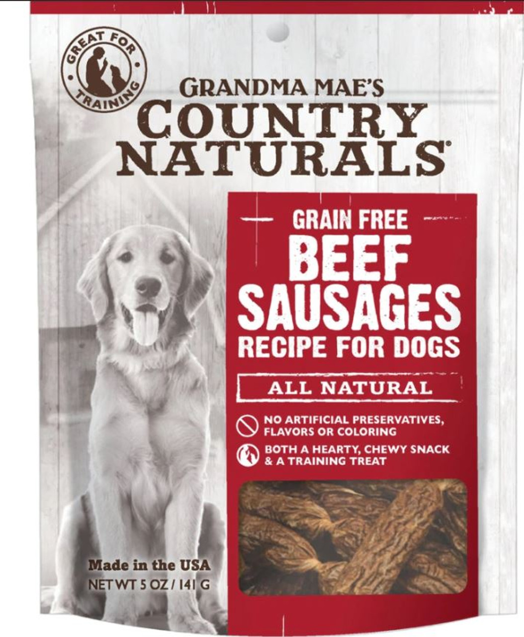 Grandma Mae's Country Naturals Grain Free Beef Sausages Dog Treats， 5oz. Bag