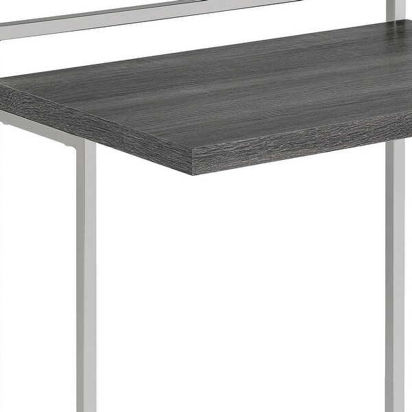 Dey 27 Inch C Shape Side End Table， Weathered Gray Top， Satin Nickel Metal