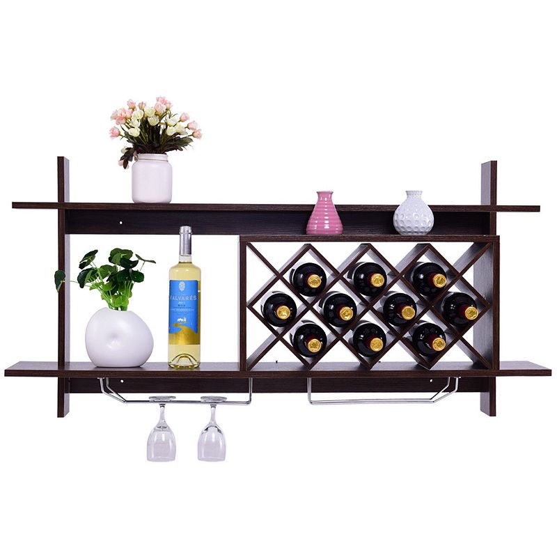 Wall Mount Wine Rack with Glass Holder and Storage Shelf-Walnut