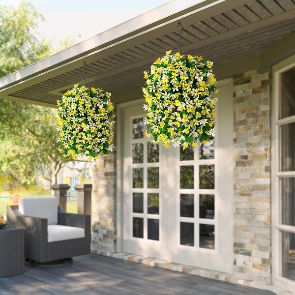 Artificial Hanging Flowers in Basket for Outdoor Spring Decoration，4pcs Faux Silk Violet Flower Bouquet UV Resistant