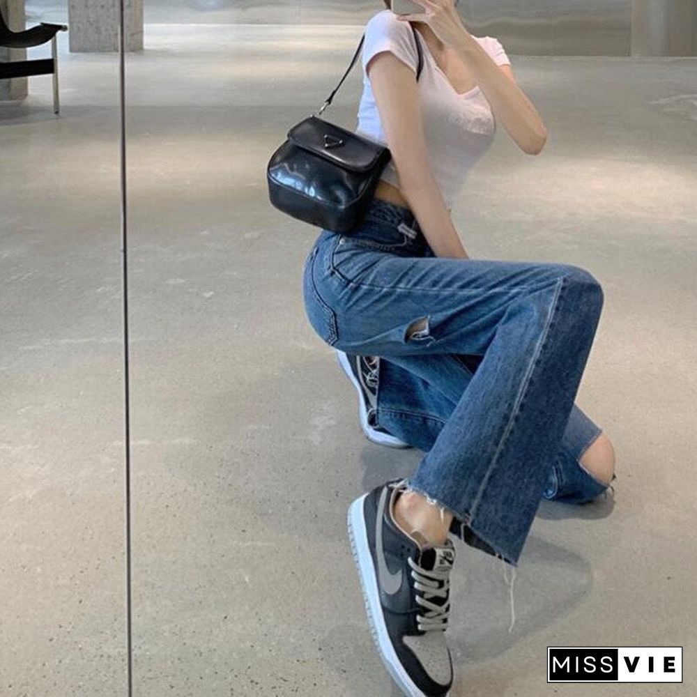 Woman Jeans Ripped High Waist Clothes Wide Leg Denim Clothing Streetwear Vintage Quality Fashion Harajuku Straight Pants