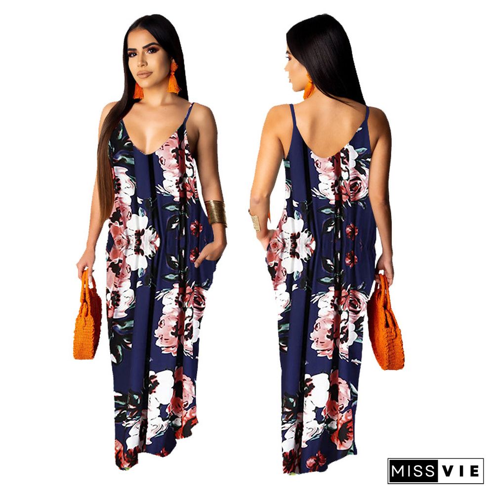 Hot Style Women's Summer Boho Floral Print Sleeveless V Neck Loose Long Maxi Party Beach Dress