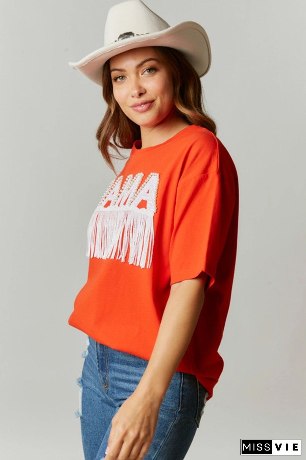 Orange Fringe Trim Beaded MAMA Lettering Oversize T Shirt