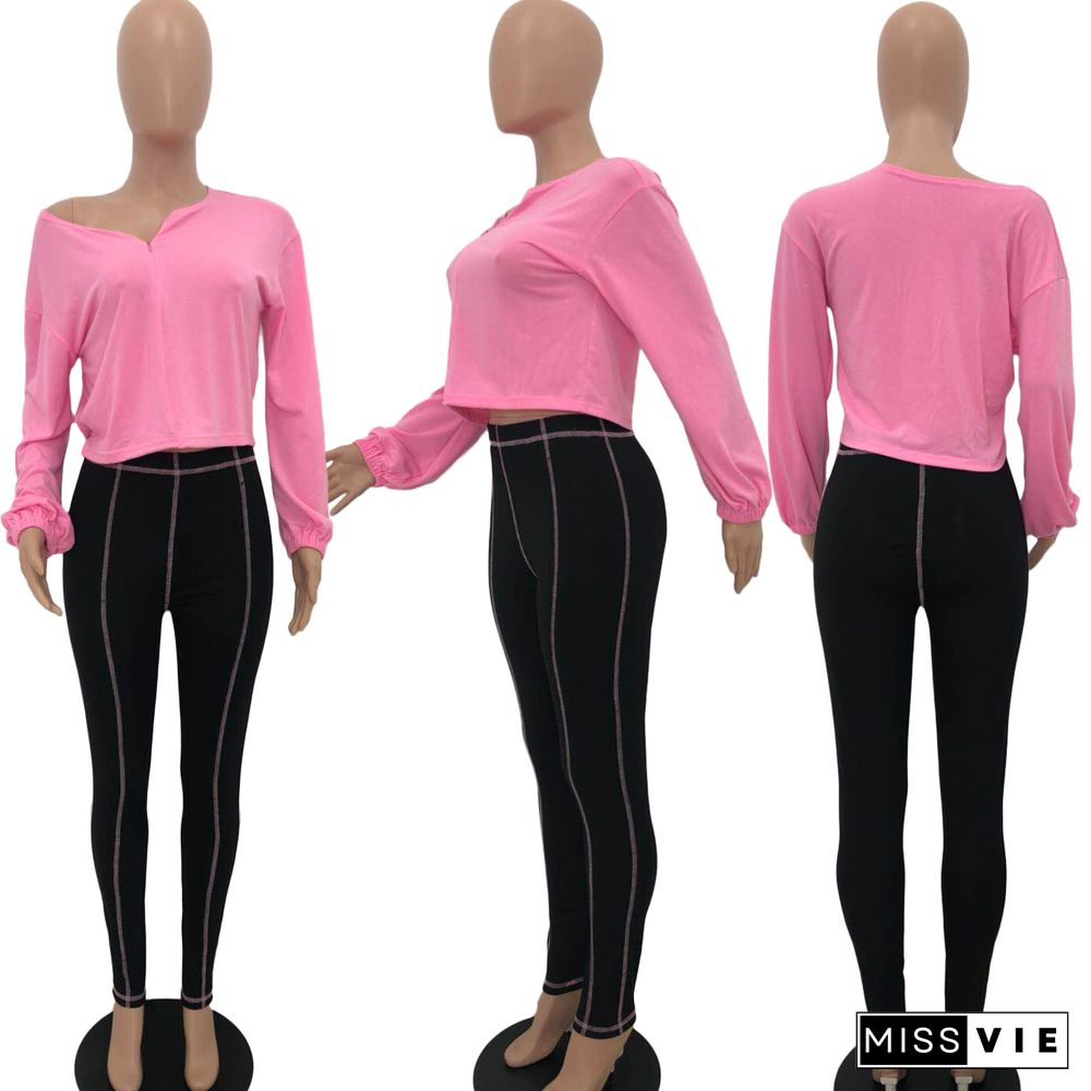 Sexy Zipper Spliced Blouse Line Pants Two-piece Set