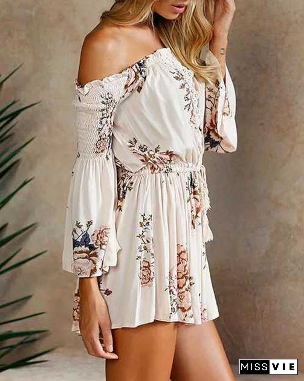 Dressy Frill Ruched Layered Ruffle Off Shoulder Tie Back Romper Dress