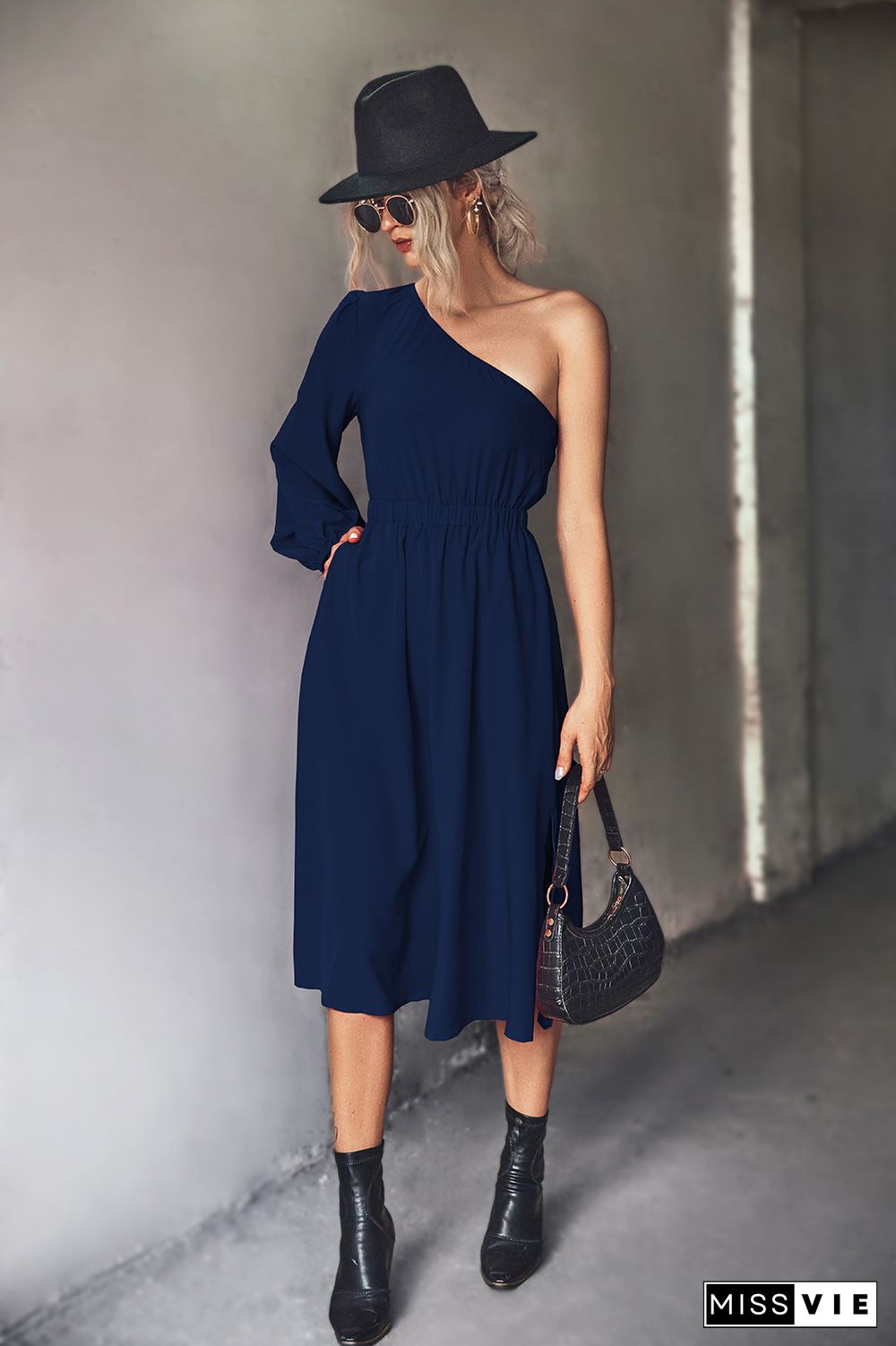 One Shoulder Elastic High Waist Midi Dress