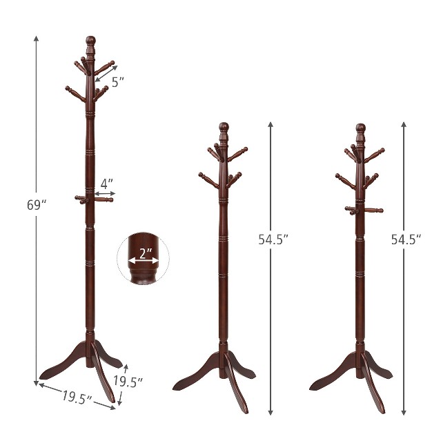 Tangkula Free Standing Coat Rack Solid Wood Hall Tree W 9 Hooks amp 2 Adjustable Height Grey black brown