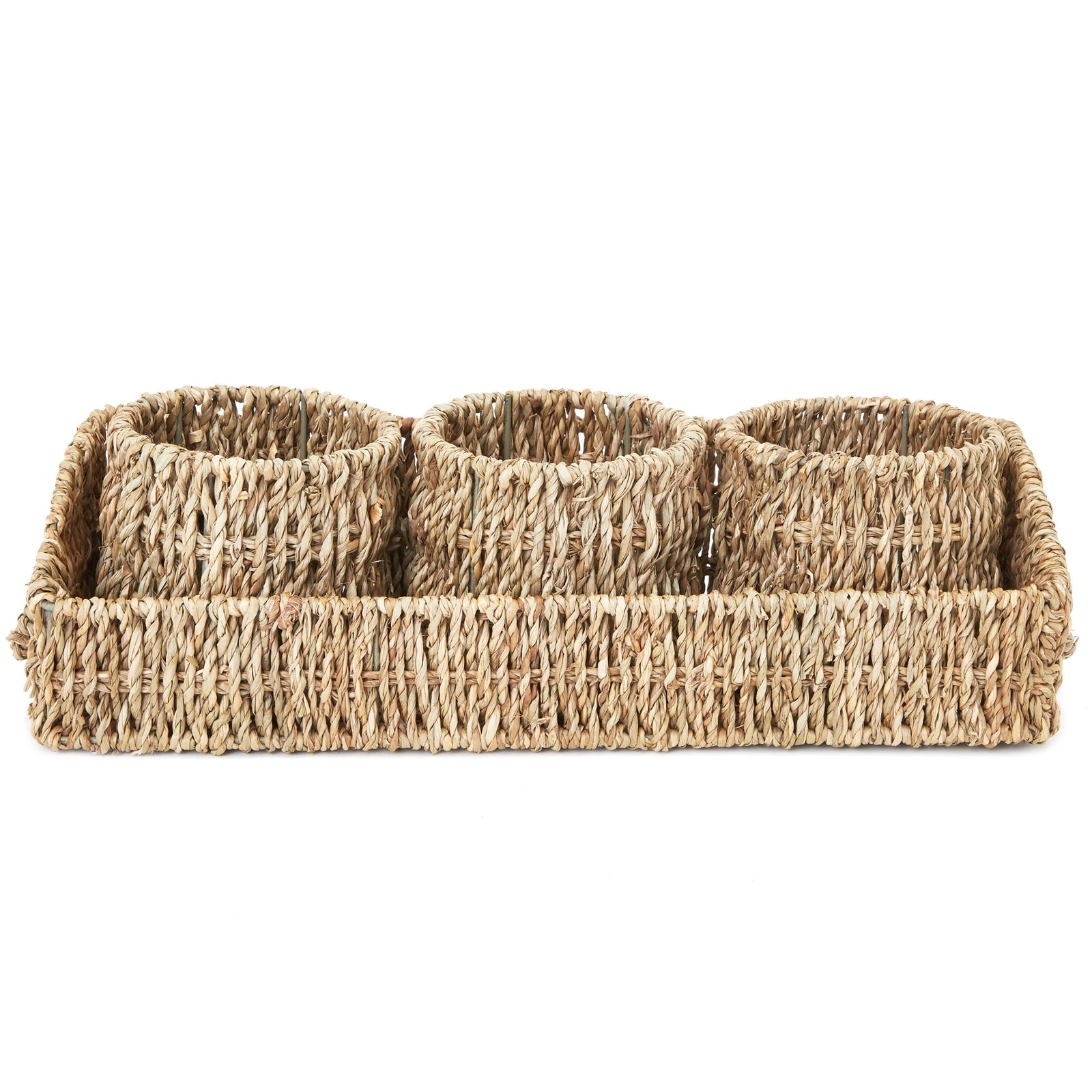 Set of 3 Wicker Round Storage Baskets for Shelves with Rectangular Seagrass Tray, Brown