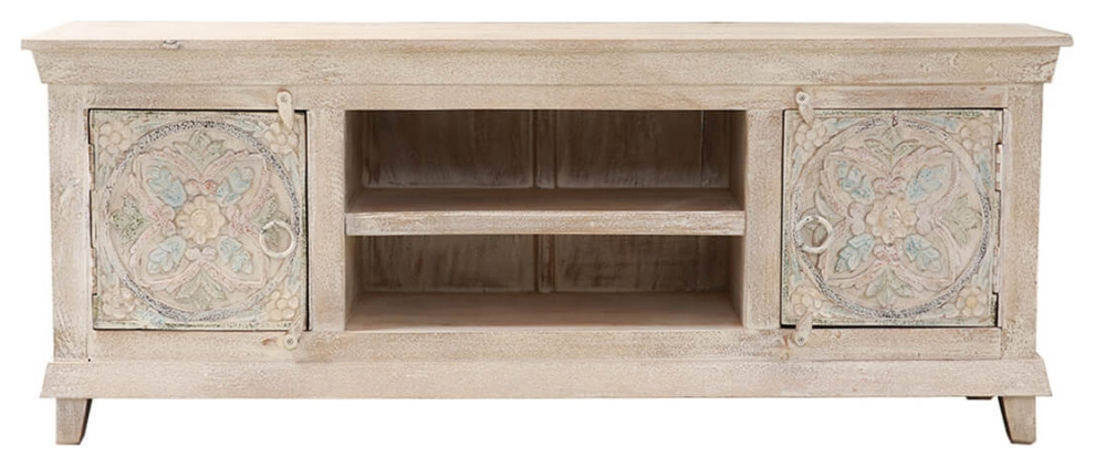 Queenstown Hand Carved Distressed Solid Wood 59 quotWhite TV Stand   French Country   Entertainment Centers And Tv Stands   by Sierra Living Concepts Inc  Houzz