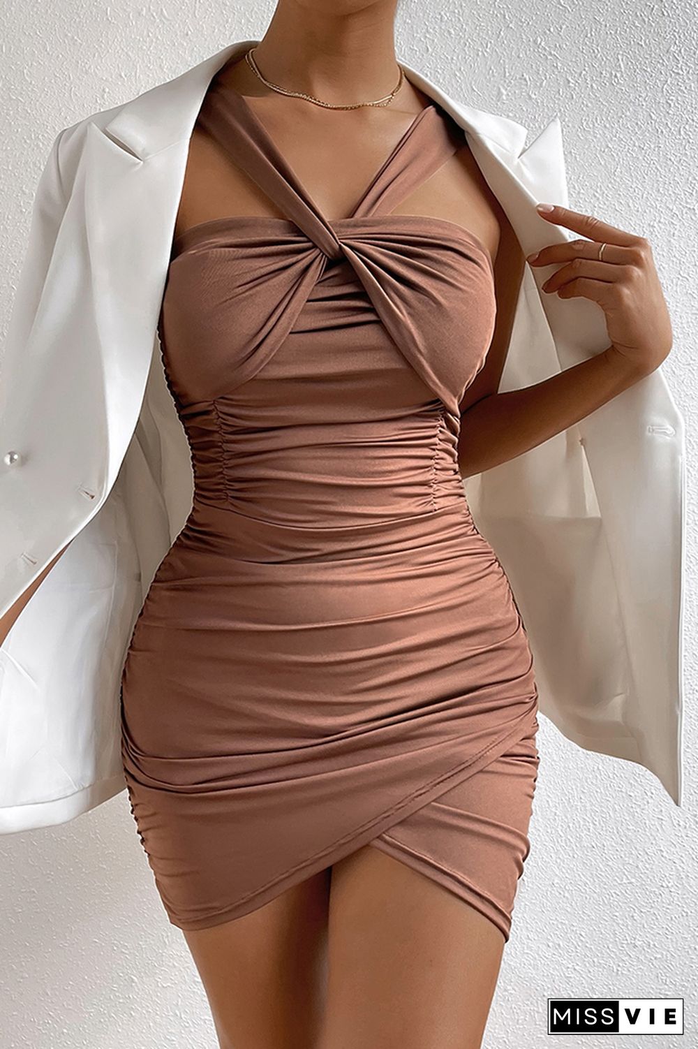 Latte Sleeveless Halter Ruched Bodycon Dress