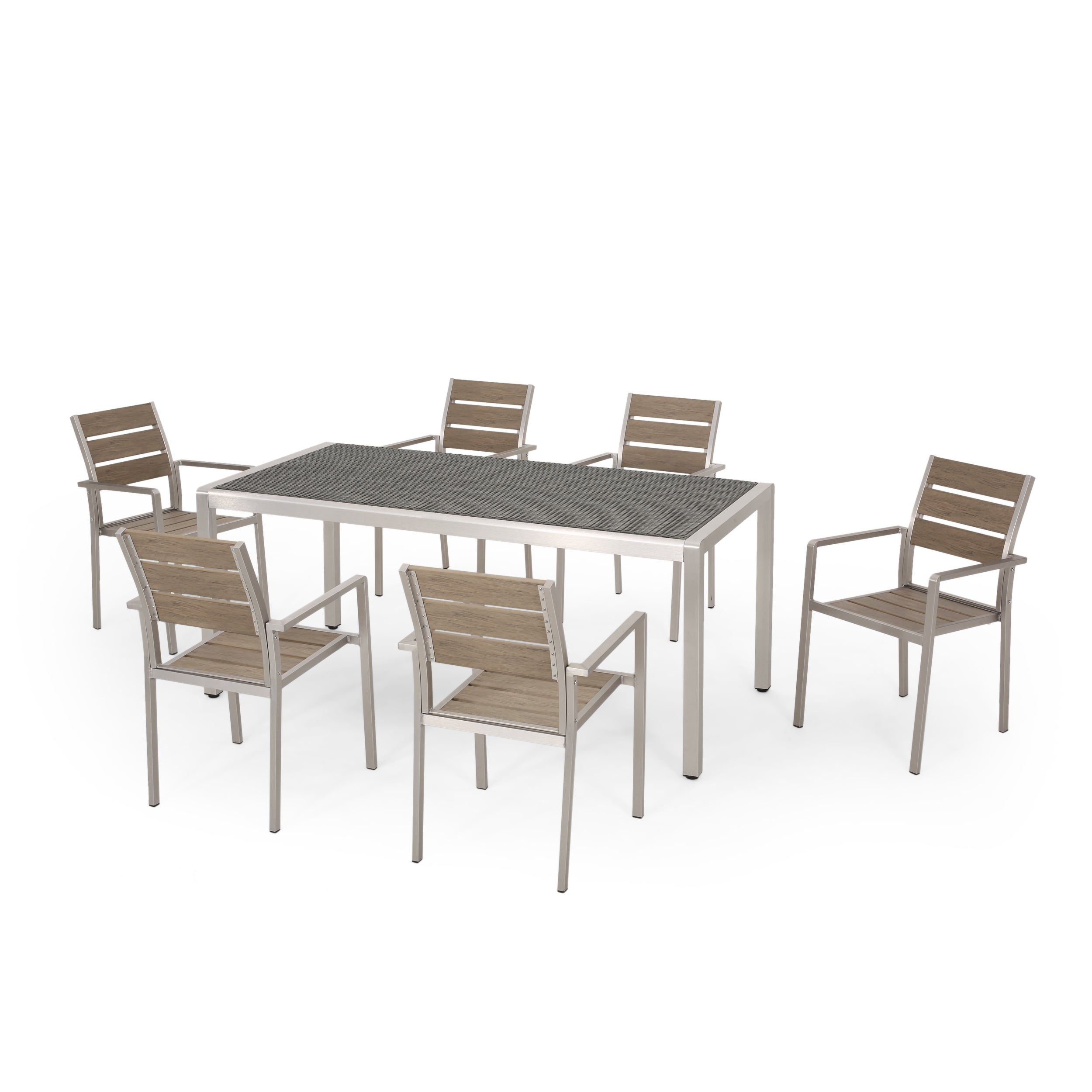 Cherie Outdoor Modern Aluminum 6 Seater Dining Set with Faux Wood Seats