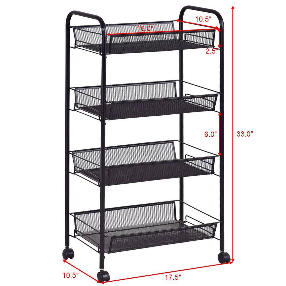 FORCLOVER 4-Tier Steel 4-Wheeled Kitchen Trolley Cart Storage Rack in Black LK-W547H962BK