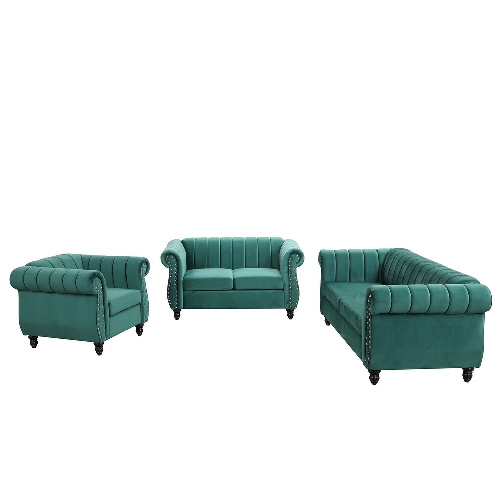 Three Piece Velvet Upholstered Sofa Set 3 Seater Sofa Loveseat and Single Couch Set with Button Tufted Backrest Solid Wood Legs