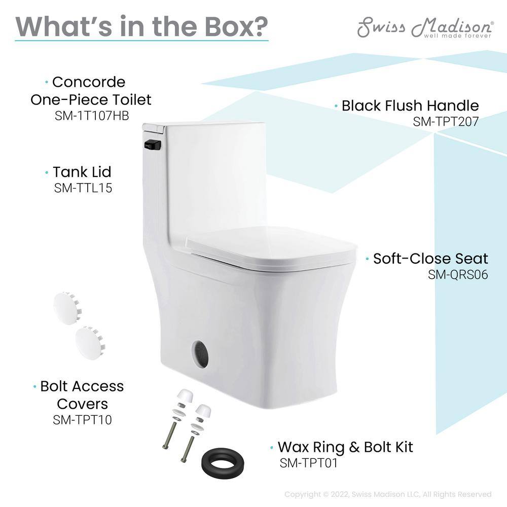 Swiss Madison Concorde One-Piece 1.28 GPF Single Flush Square Toilet in Glossy White with Black Hardware Seat Included SM-1T107HB