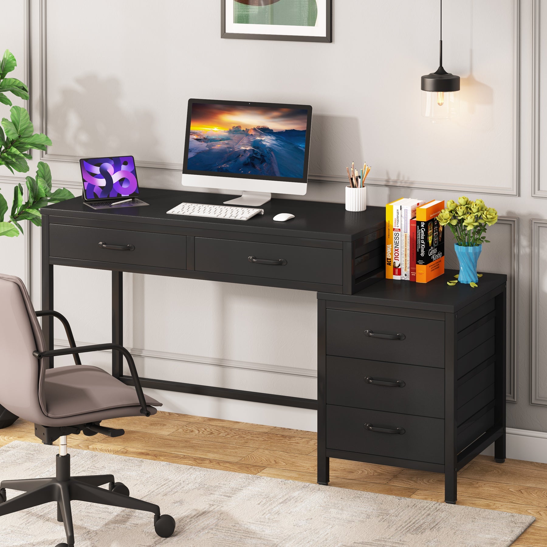 5-Drawer Computer Desk, Study Writing Table with Reversible Drawer Cabinet