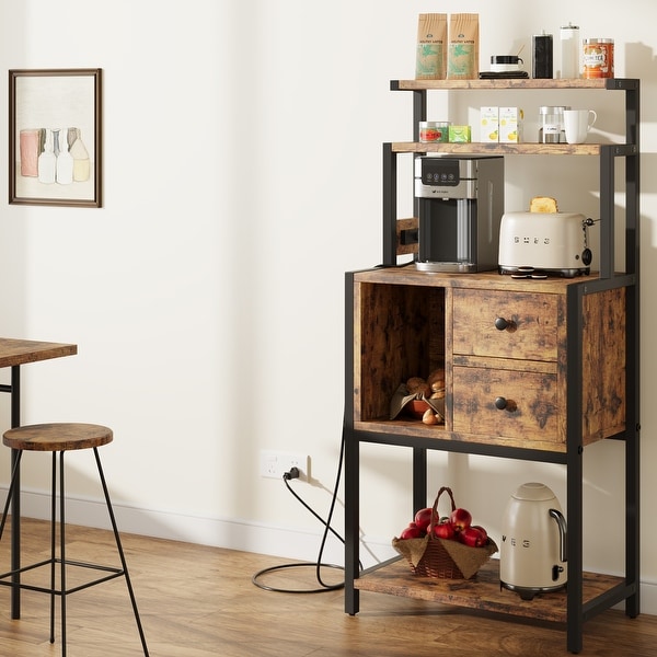 Bakers Rack with Power Outlet， Coffee Bar Table， Kitchen Sideboard Buffet Cabinet with 2 Drawer