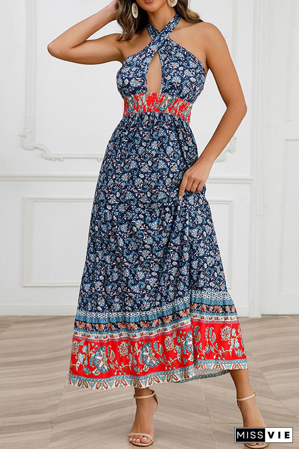 Twisted Halter Hollow Out Smocked Waist Boho Floral Maxi Dress