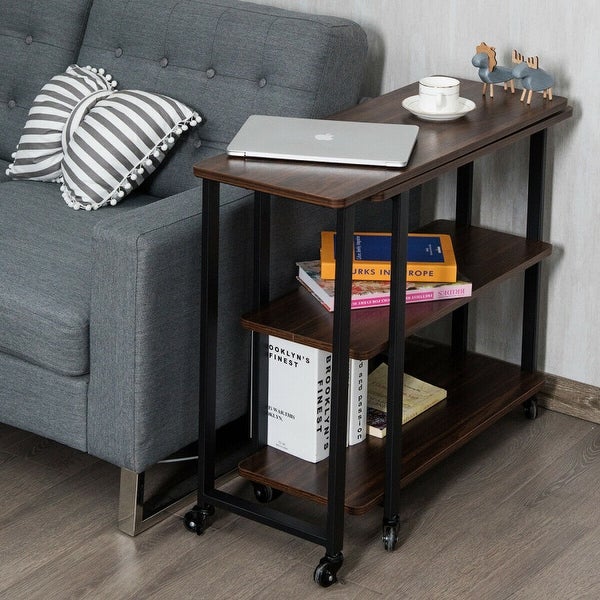 360° Rotating Sofa Side Table with Storage Shelves and Wheels - 49.5