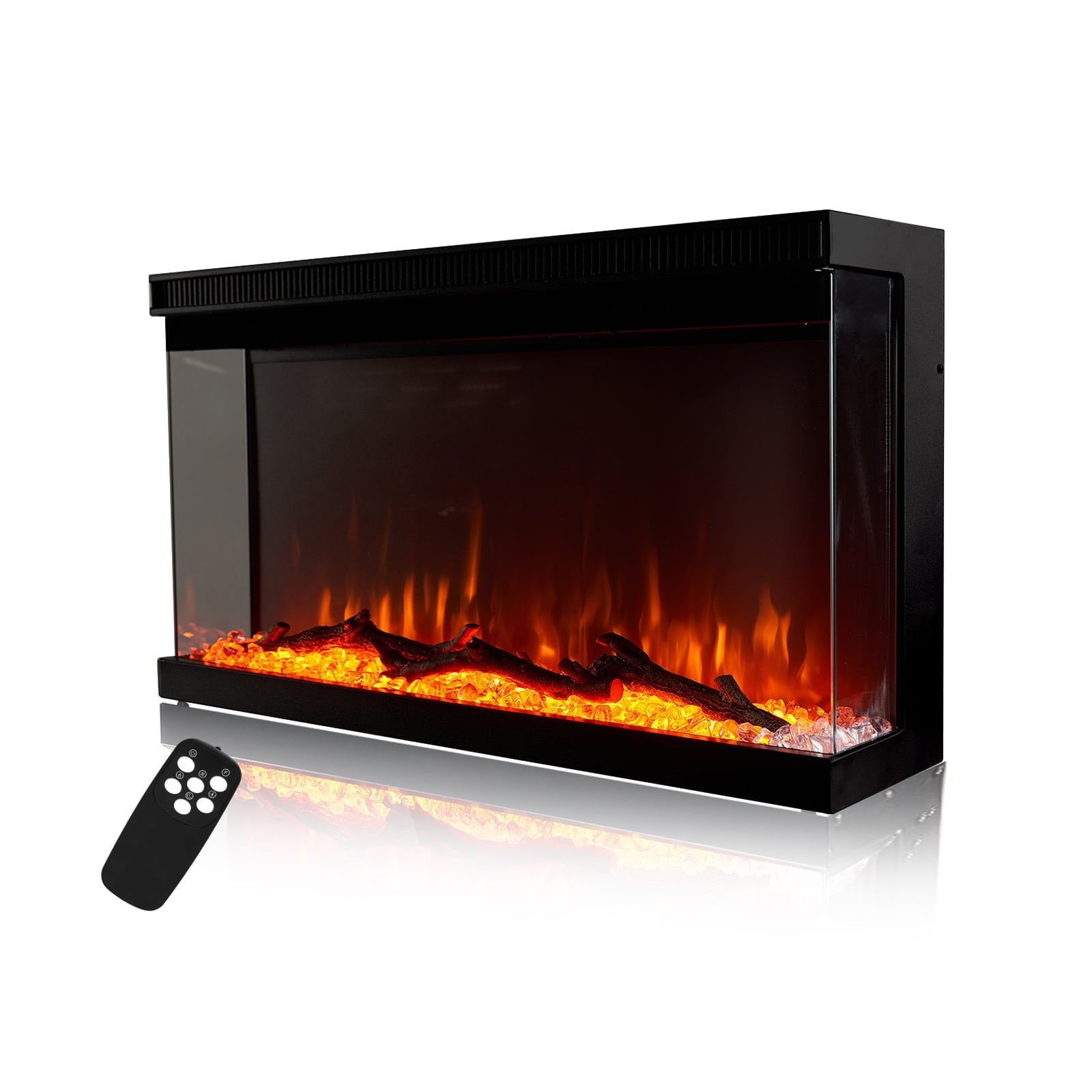 BaPiPro 30-Inch 3-sided Electric Fireplace, 750W/1500W, 9 Color Flame, Remote Control, Log Set & Crystal