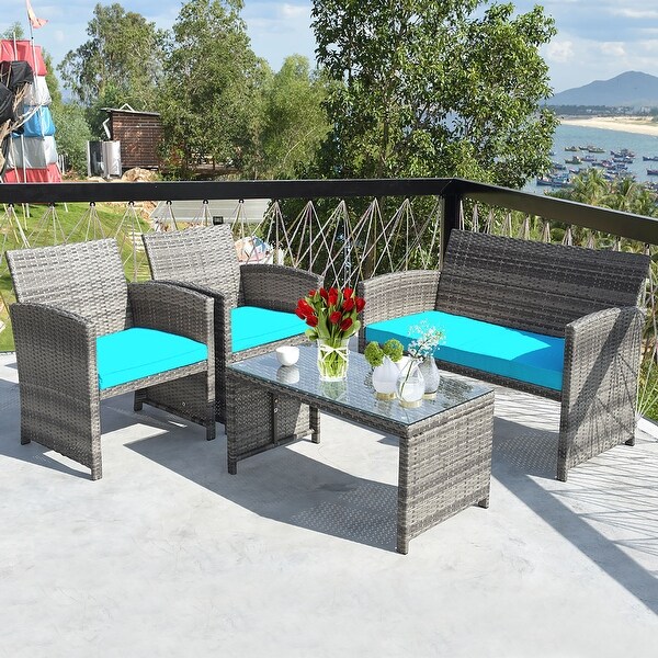 Costway 4PCS Patio Rattan Furniture Set Conversation Glass Table Top