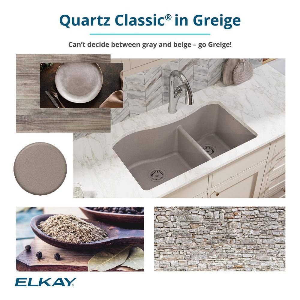 Elkay Quartz Classic Greige Quartz 33 in. Equal Double Bowl Undermount Kitchen Sink with Aqua Divide ELGULB3322GR0