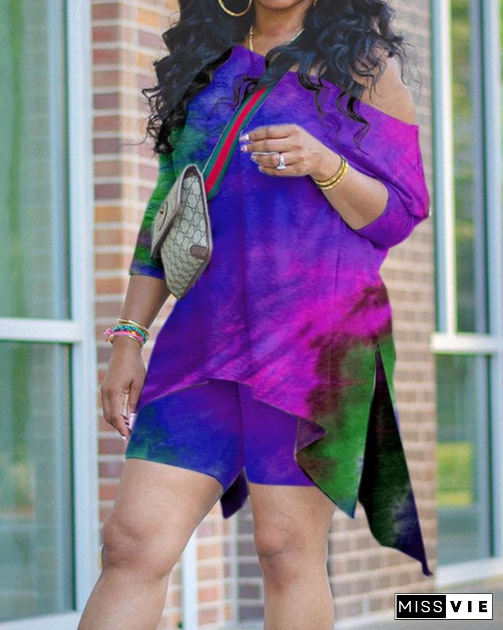 Tie Dye Slash Neck Asymmetrical Split Top & Shorts Set