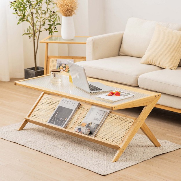 Costway Bamboo Coffee Table 48 x27 x27 2 tier Glass Tabletop Handwoven Rattan Storage Shelf