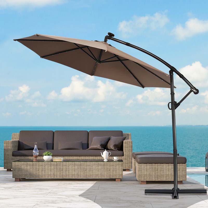 10 FT Patio Offset Umbrella with Solar Lights 360° Rotation Outdoor Market Umbrella with Crank Handle & Cross Base