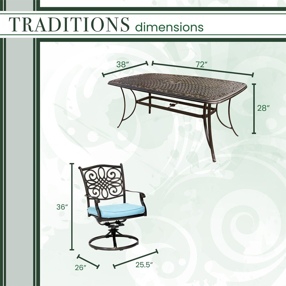 Hanover Traditions 7 pc. Bronze tone Aluminum Dining Set w/ Blue Cushions and Cast top Table