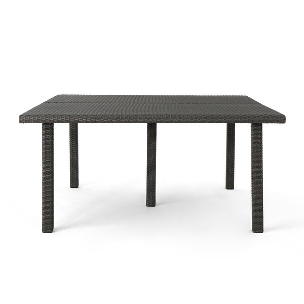 Outdoor 64 Inch Square Dining Table with Wicker Pulled Over an Iron Frame