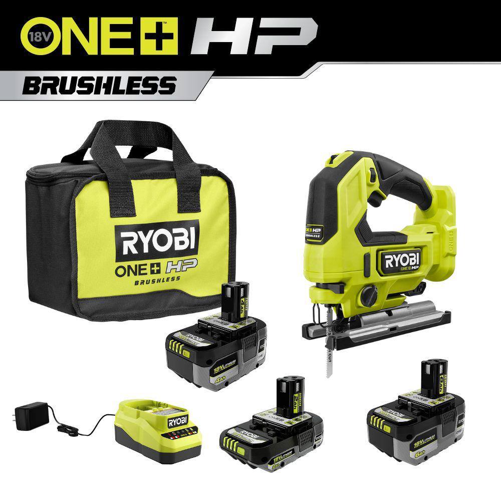 RYOBI ONE+ 18V Lithium-Ion 2.0 Ah 4.0 Ah and 6.0 Ah HIGH PERFORMANCE Batteries and Charger Kit w HP Brushless Jig Saw PSK007-PBLJS01B