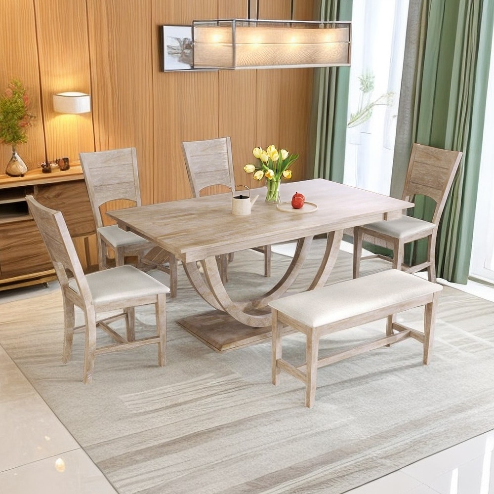 Unique Wood Dining Table Set with Bench and 4 Dining Chairs