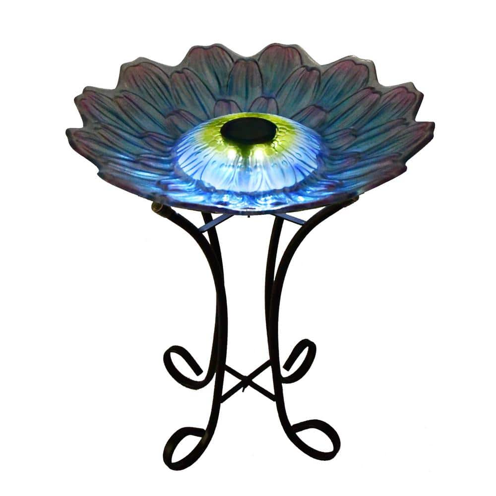 HI-LINE GIFT LTD. 18 in. Solar Purple and Purple Dahlia LED Floral Glass Bird Bath with Stand 78415-Q