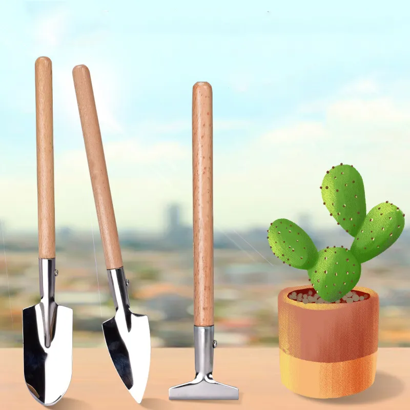 Hot Sell Stainless Steel Head Wood Handle Garden Hand Tools Mini 3Pcs Garden Tool Set For Succulent Planting Tools